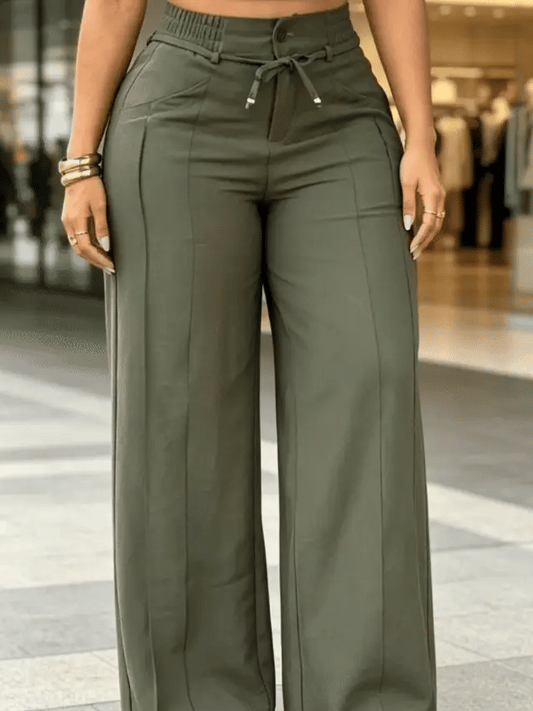 Aria – Pantalón Ancho de Tiro Alto con Cordón, Efecto Vientre Plano