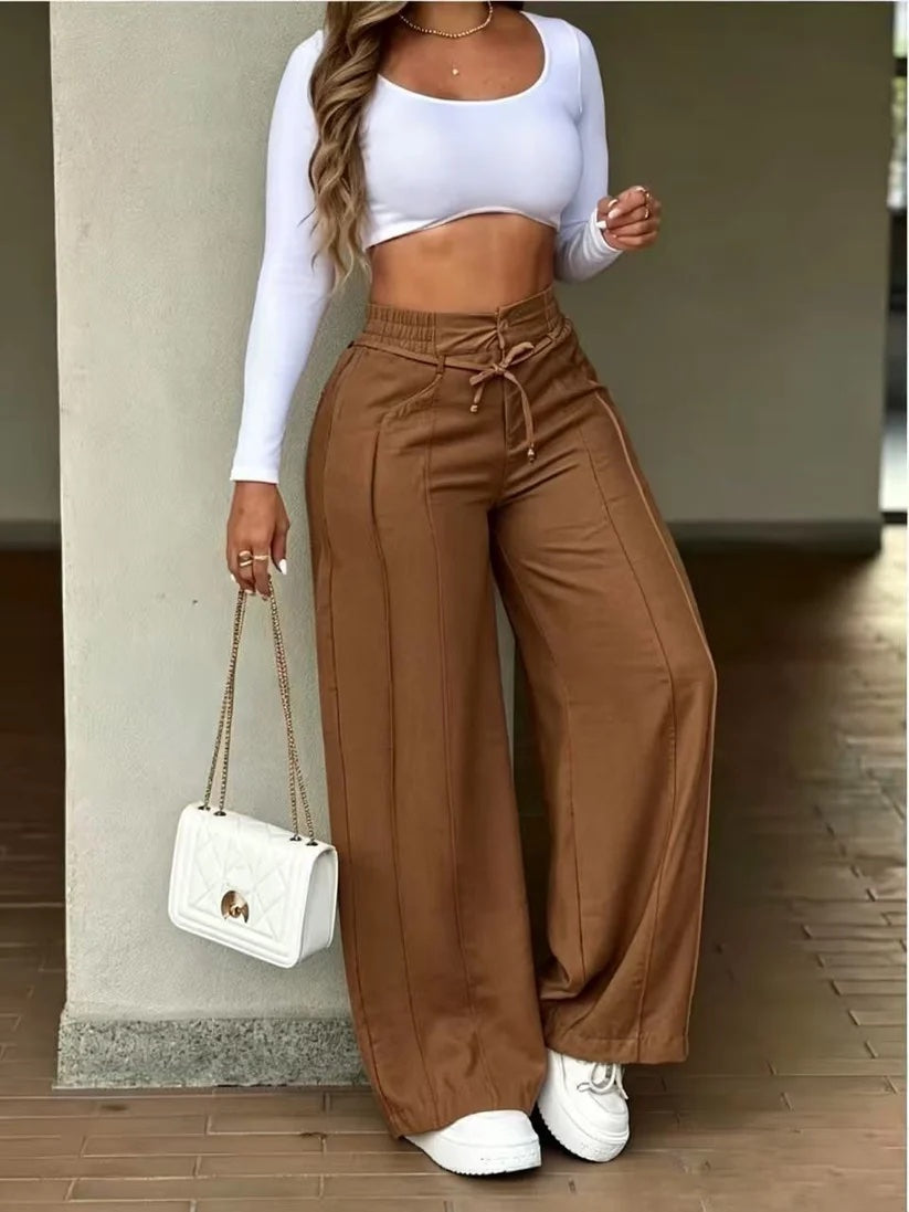 Pantalón Ancho de Tiro Alto con Cordón, Efecto Vientre Plano - new